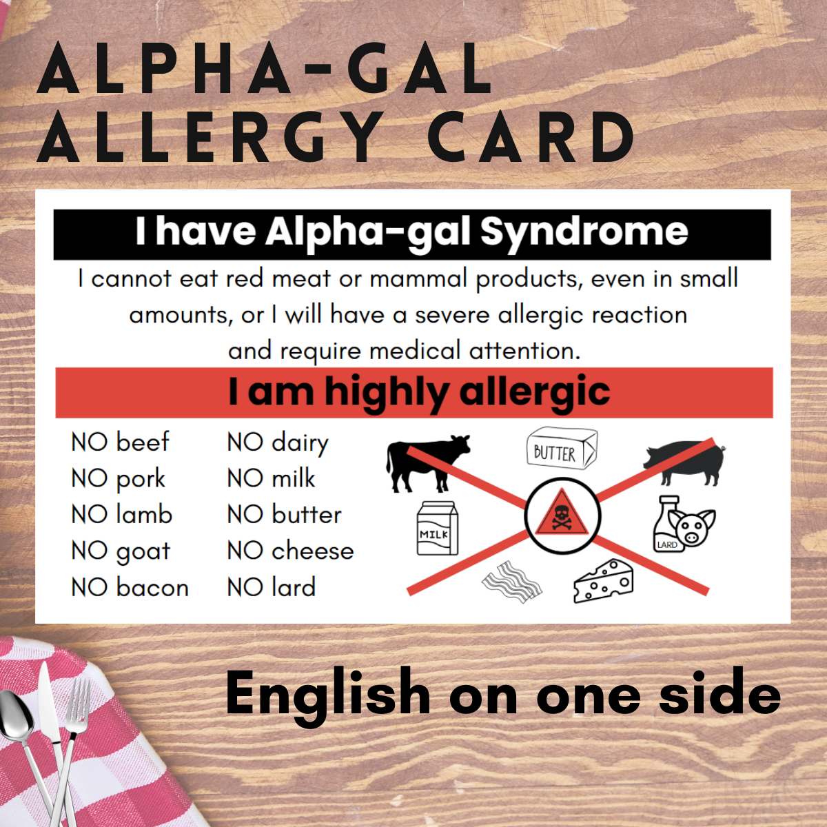 Alpha-gal Allergy Restaurant Card