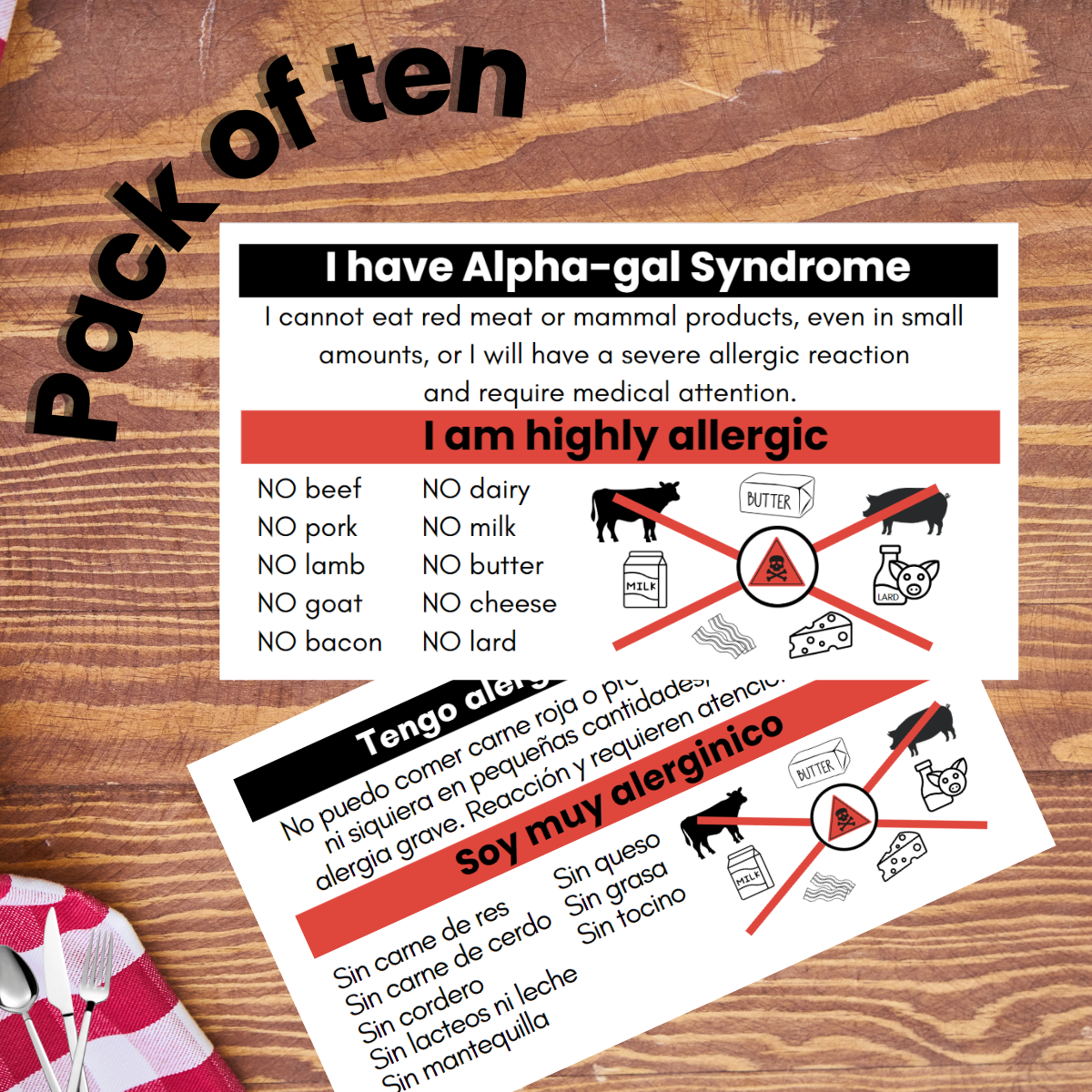 Alpha-gal Allergy Restaurant Card